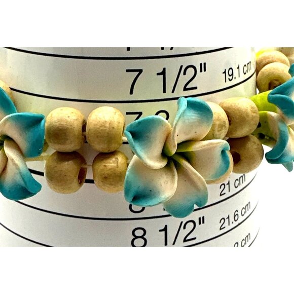 Hawaiian Blue Plumeria Flower Stretch Bracelet Handmade Fimo Wood Beads Aloha - Picture 6 of 7